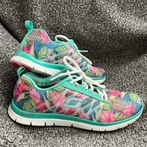 Sketchers Floral Flex Appeal Teal Tropical Multi-Color Sneakers womens Size 9